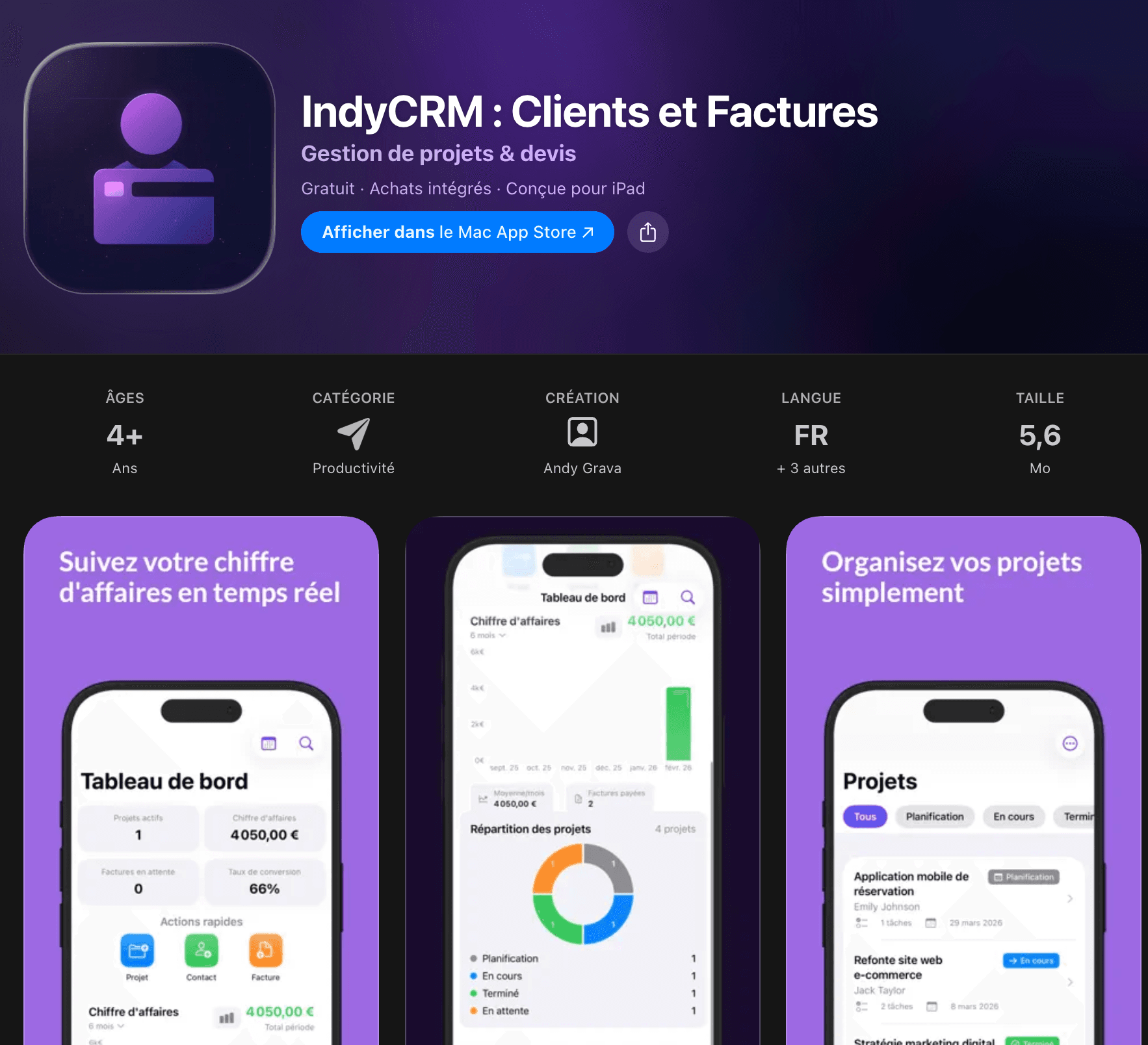 IndyCRM sur l'App Store — Clients et Factures, Productivité